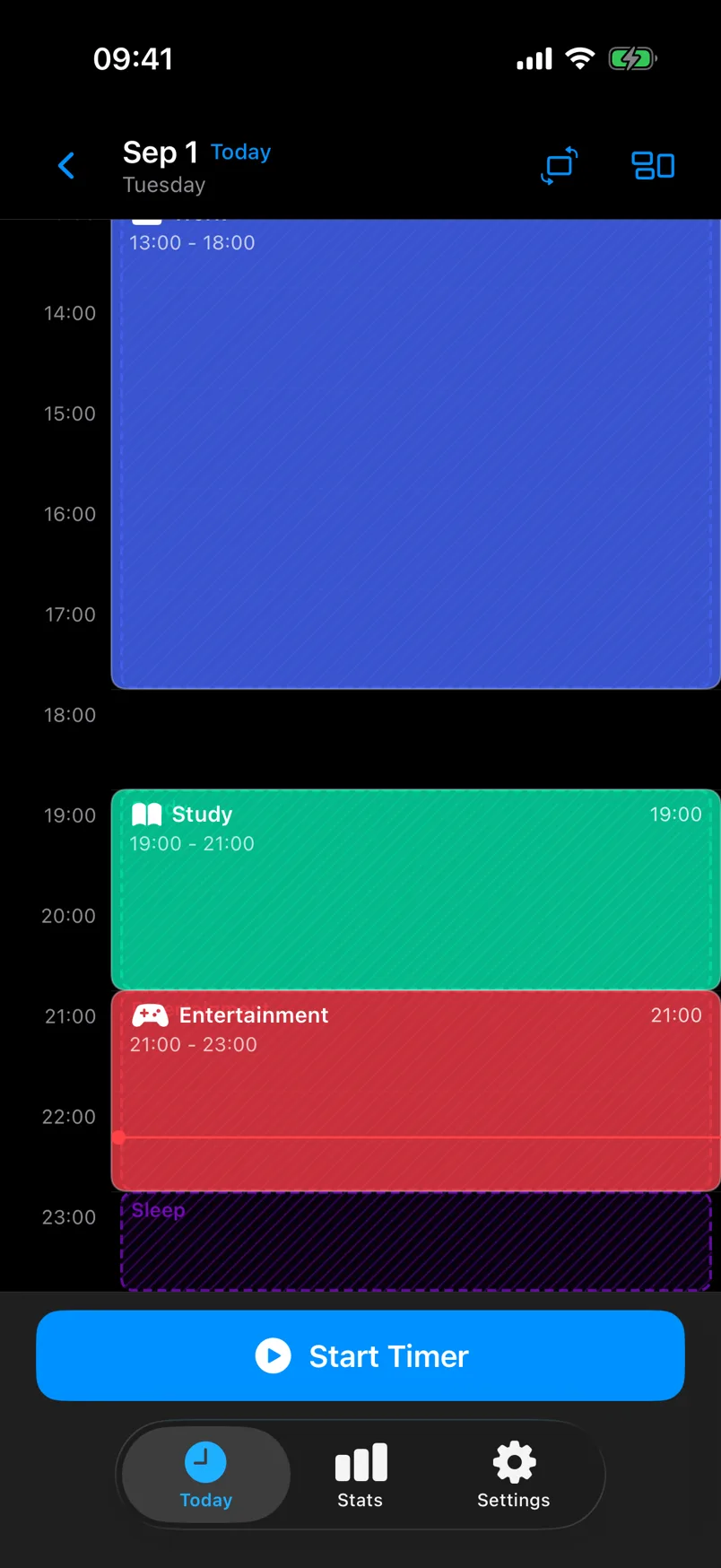 DayShape timeline with ideal schedule overlay on actual entries